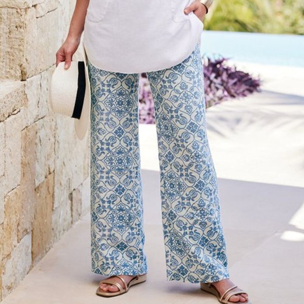 Soft Surroundings Aliso Point Linen Pants in Blue Tile Print size Small